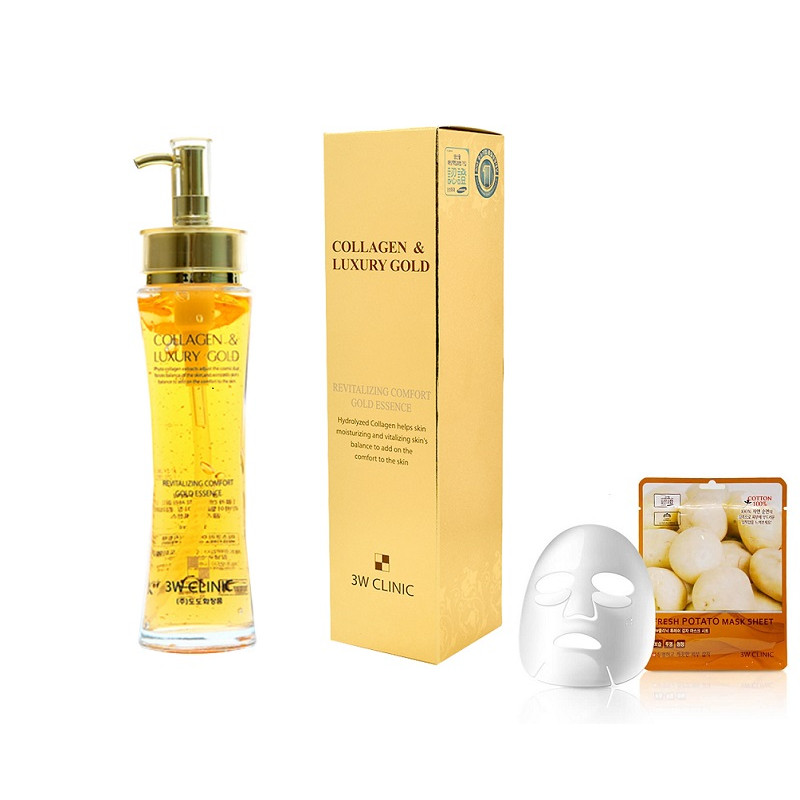 Tinh Chất COLLAGEN LUXURY GOLD 3W CLINIC Trắng Da 150ml KOREA + Tặng Mask 3W POTATO MASK SHEET