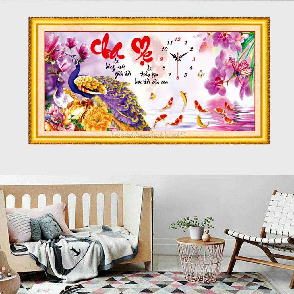 Tranh thêu chữ thập đồng hồ chim công LV3055 - 91 x 43 cm - chưa thêu