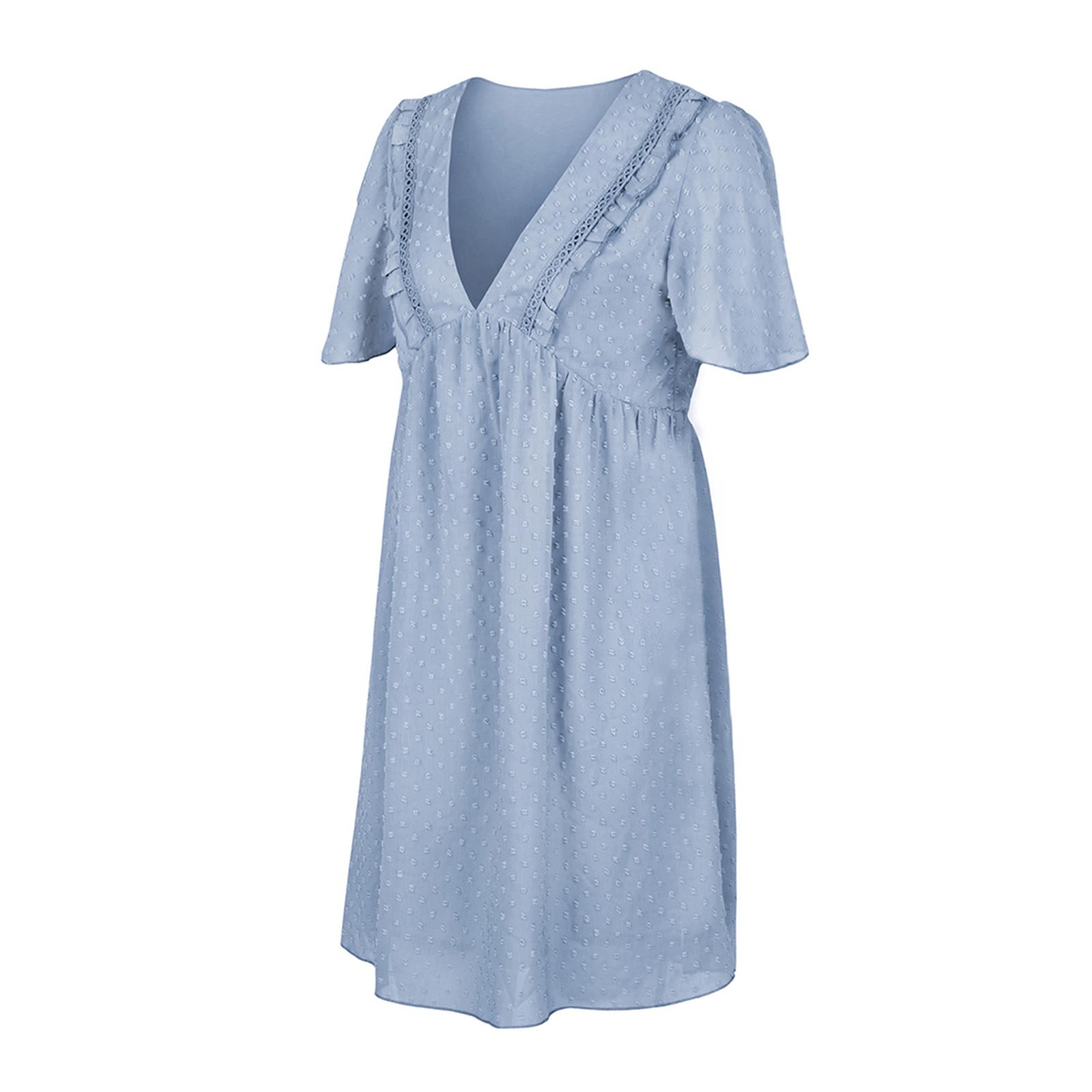 Women Summer Dress Deep V-Neck Ruffled Short Sleeve High Waist Dots Loose Fit Elegant Solid Mini Dress
