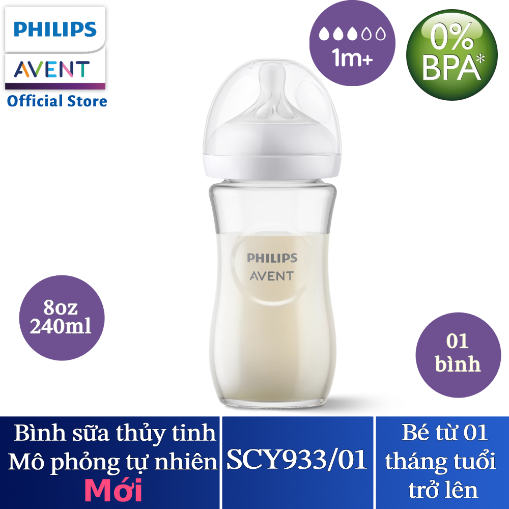 Philips Avent bình sữa thủy tinh mô phỏng tự nhiên mới 240ml bé từ 1 tháng SCY933/01