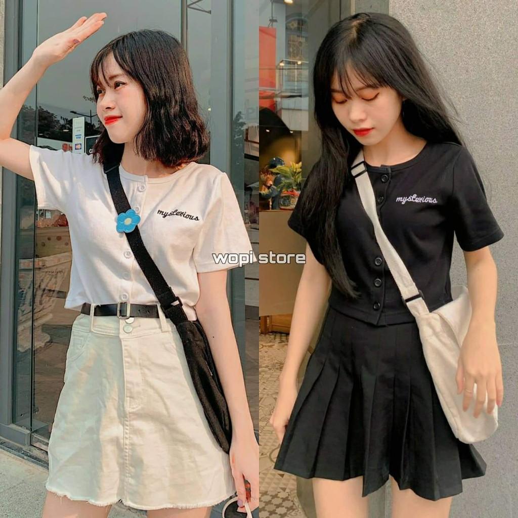 Áo Croptop Nữ Thêu MYSTERY Tay Ngắn Dáng Om Ulzzang (Ảnh Thật