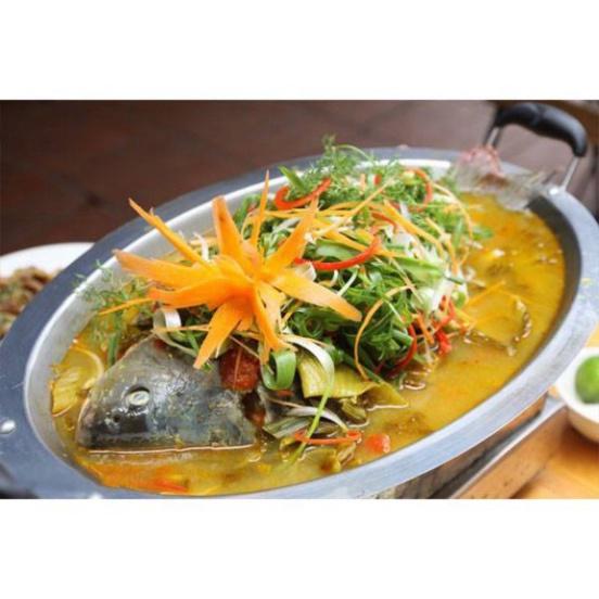 Khay inox bầu dục ăn lẩu, cá chép om dưa |