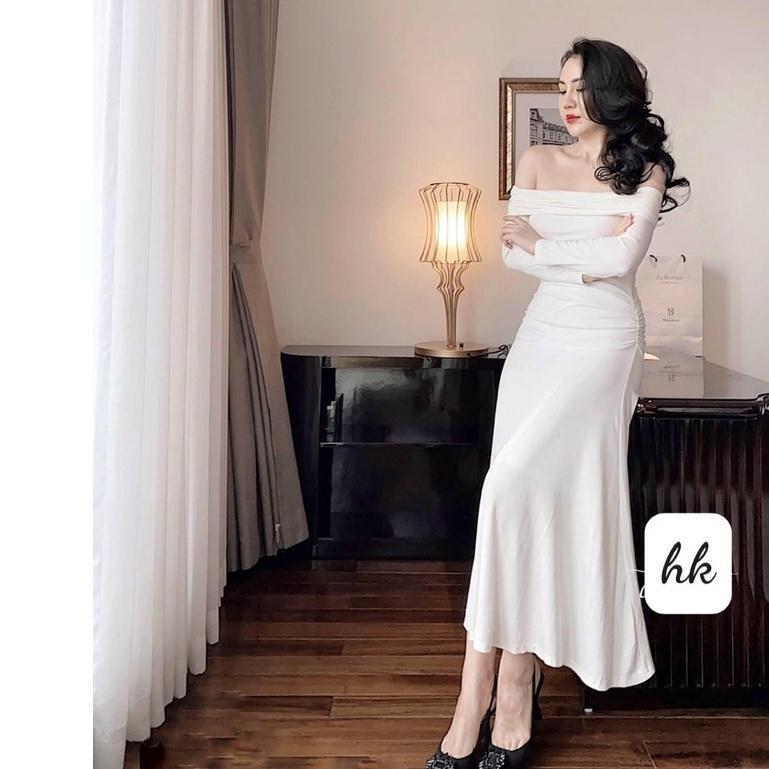 Đầm body nữ dáng dài, tay dài trễ vai, ôm dáng sexy, chất liệu len co giãn- December Fashion