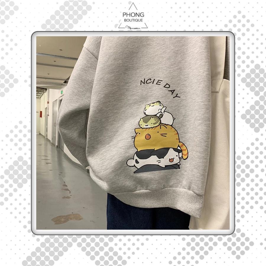 Áo mũ Hoodie Unisex 4 Mèo nằm Phong Boutique form rộng 4 màu nỉ bông cặp đôi nam nữ Oversize Ulzzang thu đông