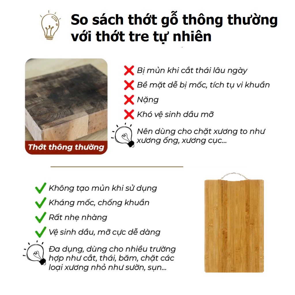 Thớt gỗ tre tự nhiên chữ nhật 3 lớp dày Kháng chuẩn nấm mốc, có quay treo Inox phong cách vintage, decor nhà bếp Hàng chính hãng Bamboo cutting