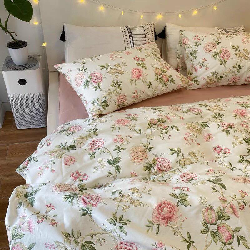 Bộ Gra Nệm Cotton Lụa Hàn Quốc Cao Cấp 5 món hoạ tiết hoa lá chất liệu mềm mát 1m2 1m4 1m6 1m8x2m