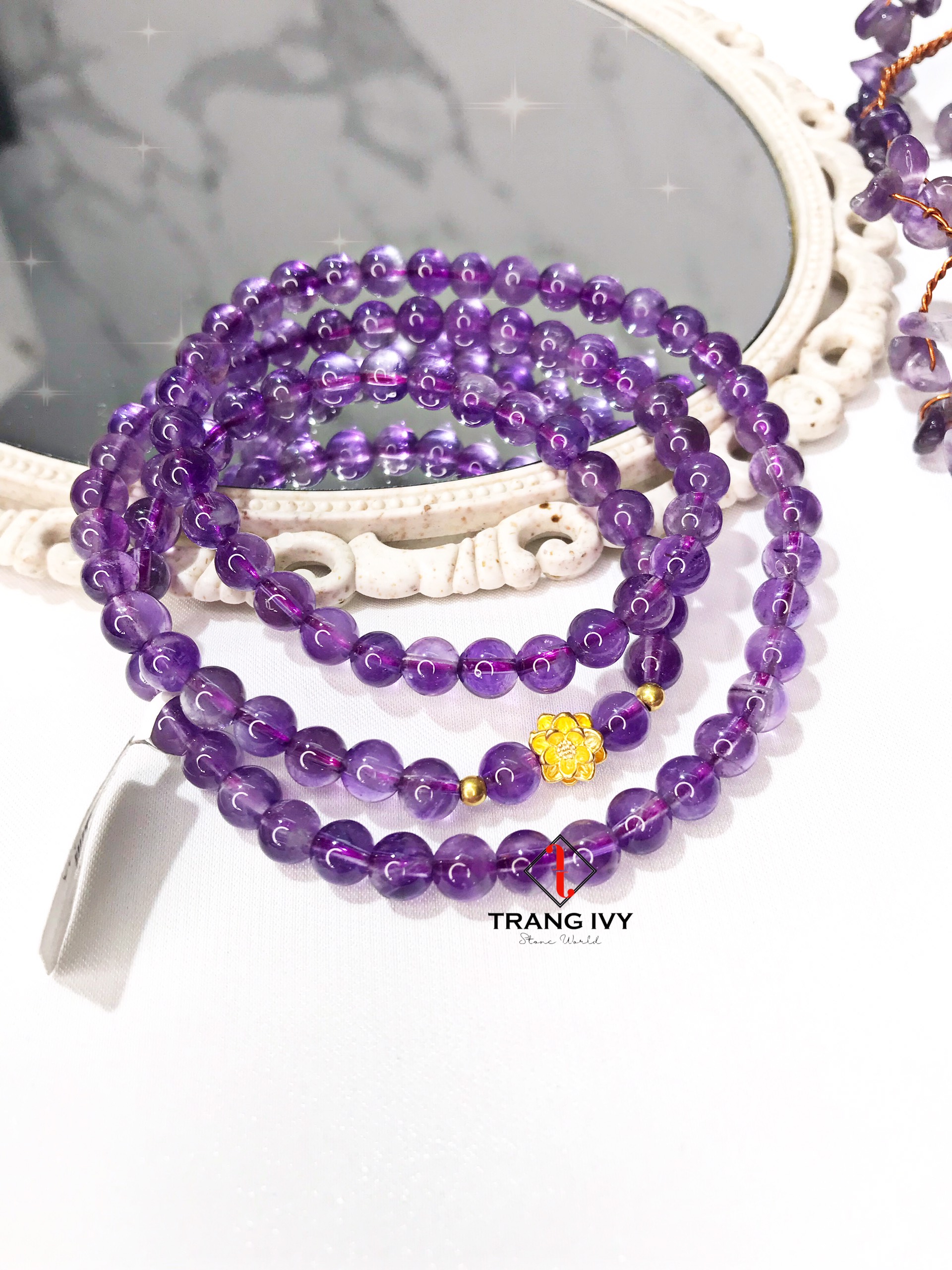 Vòng tay thạch anh tím mix Hoa sen vàng 24k