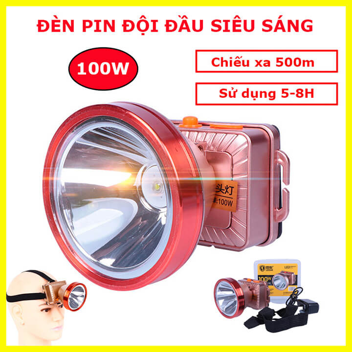 Đèn pin đội đầu 1 bóng siêu sáng chiếu xa 500m, công suât 100W, chống thấm nước IPX6, đèn đeo trán