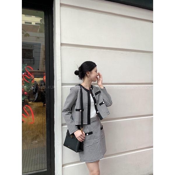 Set khoác caro & chân váy