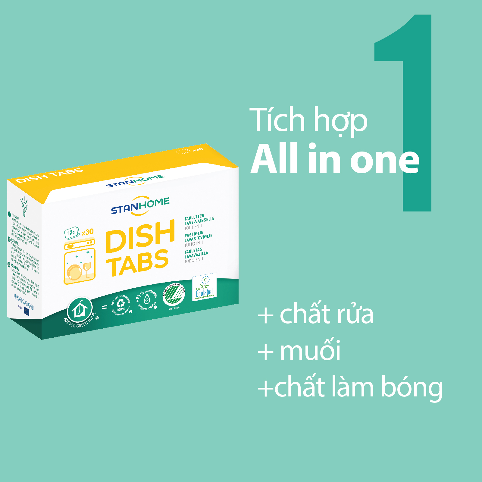 Viên rửa bát cho máy Stanhome Dish Tabs All in one tiêu chuẩn Ecolabel Châu Âu và Ecolabel Bắc Âu - Hộp 30 viên – 12g/viên