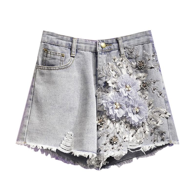 Quần Short Nữ Thêu Họa Tiết Phong Cách Châu Âu Denim Dáng Rộng Lưng Cao