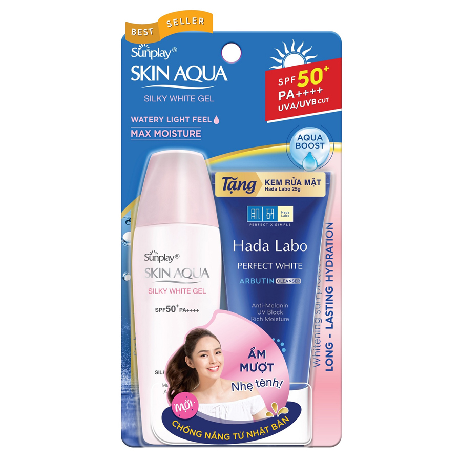 Gel Chống Nắng Dưỡng Trắng Sunplay Skin Aqua Silky White Gel SPF 50+ PA++++ (30g) + Tặng Kem rửa mặt Hada Labo 25g