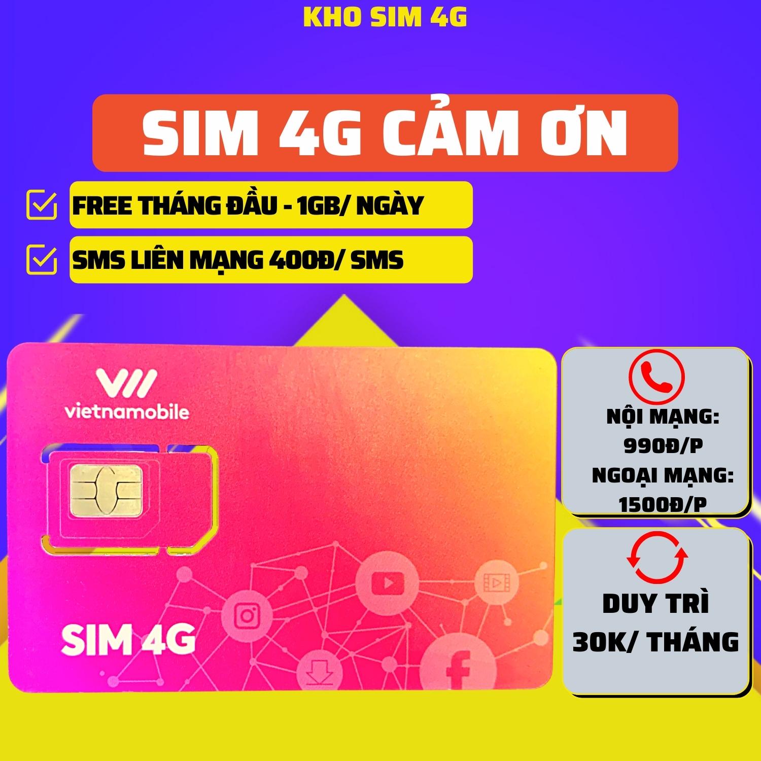 Hàng Chính Hãng - Sim 4G Vietnamobile Gói Cảm Ơn Data 30Gb (1Gb/ Ngày) - Sim Không Giới Hạn Data - Giá Siêu Rẻ