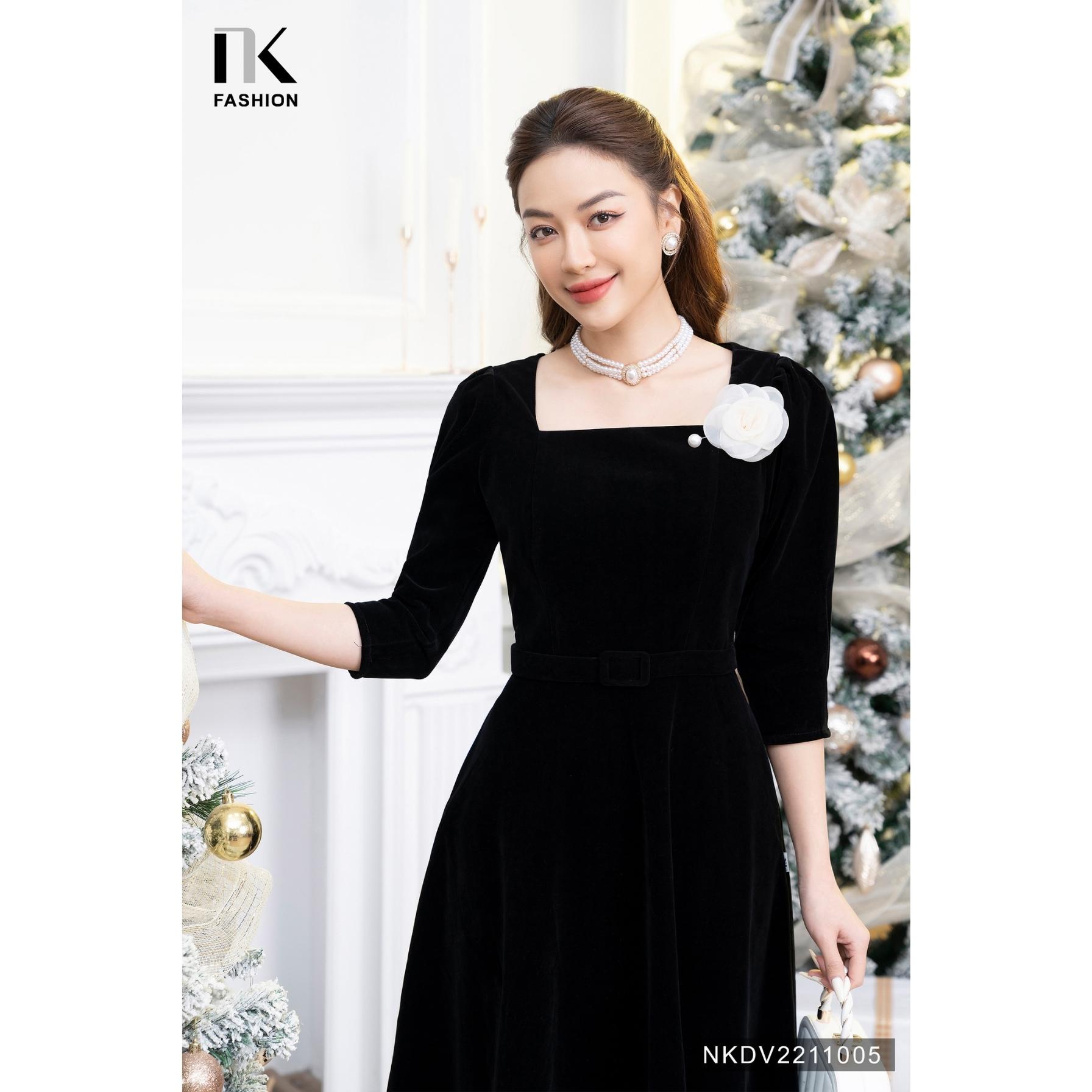 Đầm Nhung Cổ Vuông NK FASHION Thiết Kế Tay Bồng Tiểu Thư Chất Liệu Vải Nhập Hàn Cao Cấp NKDV2211005
