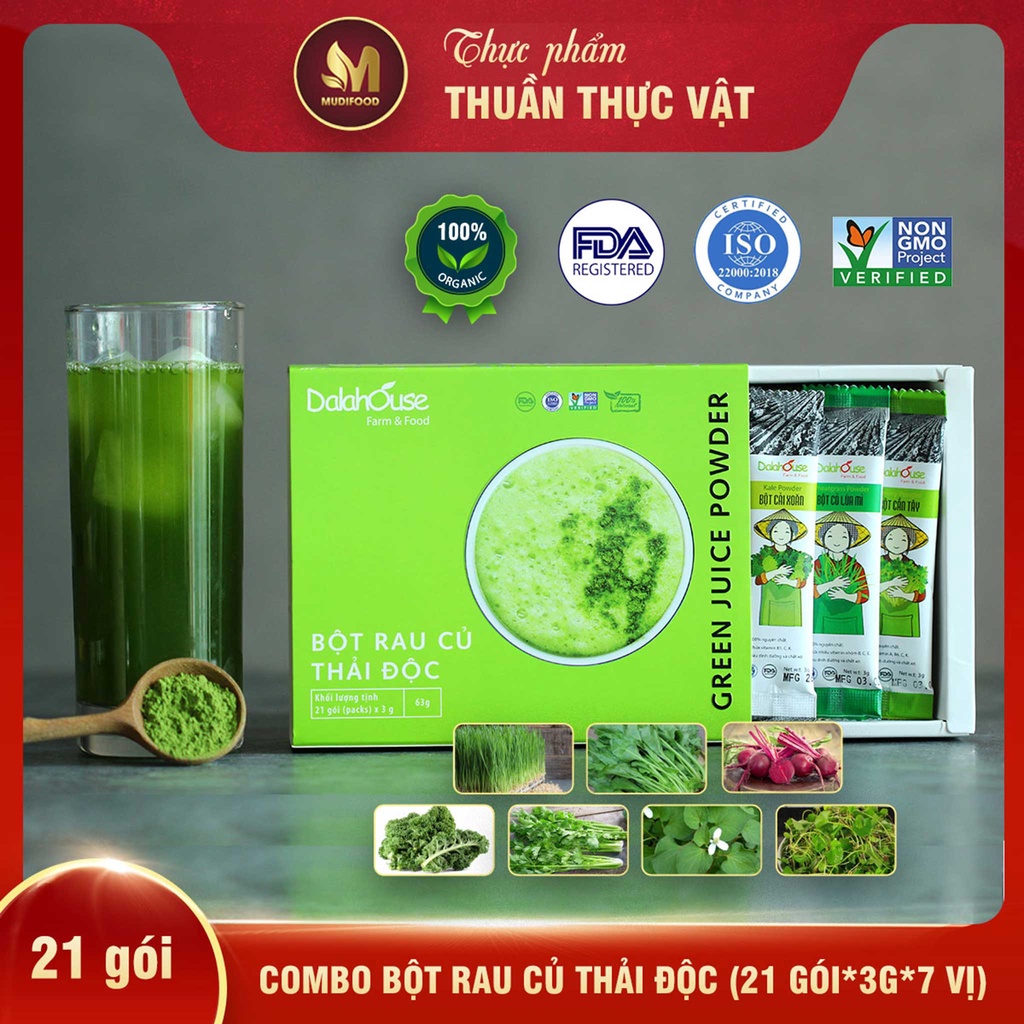 Combo Bột Rau Củ Thải Độc Hữu Cơ Nguyên Chất Sấy Lạnh Dalahouse 63g (21 gói 3g, 7 vị) - Loại Bỏ Độc Tố, Phòng Ngừa Táo Bón, Hỗ Trợ Tiêu Hóa Tốt, Tăng Cường Sức Đề Kháng, Tạo Năng Lượng Hoạt Động, Bổ Sung Nhiều Chất Xơ Từ Rau Xanh, Đẹp Da, Giữ Dáng