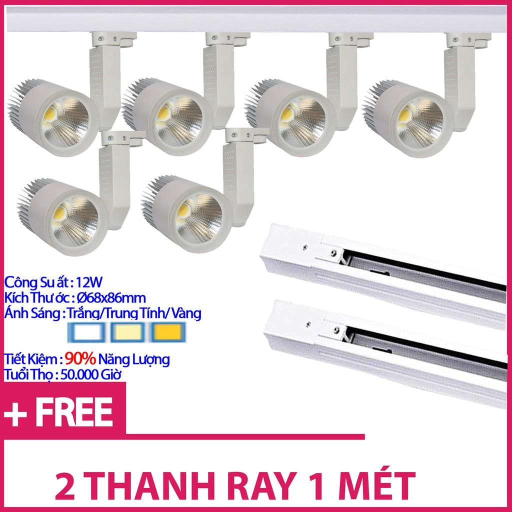 Bộ 6 Đèn Led Rọi Ray COB 12w Vỏ Trắng Và 2 Thanh Ray 1M
