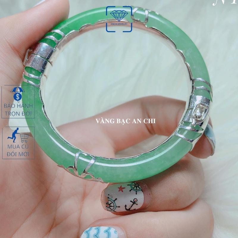 Vòng tay liền khối ngọc xanh bản đũa bọc bạc, Anchi jewelry