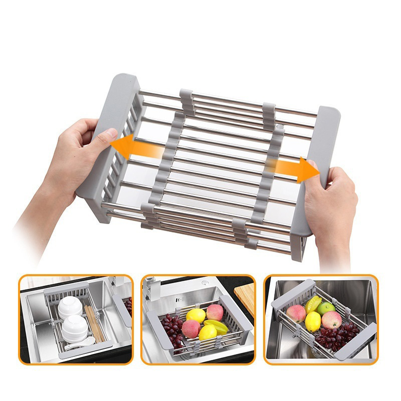 Rổ Inox Rút Gọn, Kệ Đựng Chén Rửa Bếp, Giá Ráo Nước Gác Bồn Rửa Chén Tiện Lợi Chất Liệu Inox