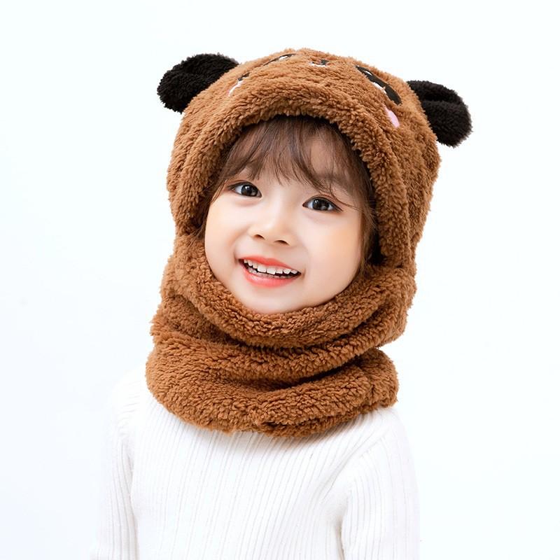 Mũ len liền khăn quàng cổ cho bé lông cừu tai gấu mềm ấm dễ thương giữ ấm tránh gió lạnh mùa đông