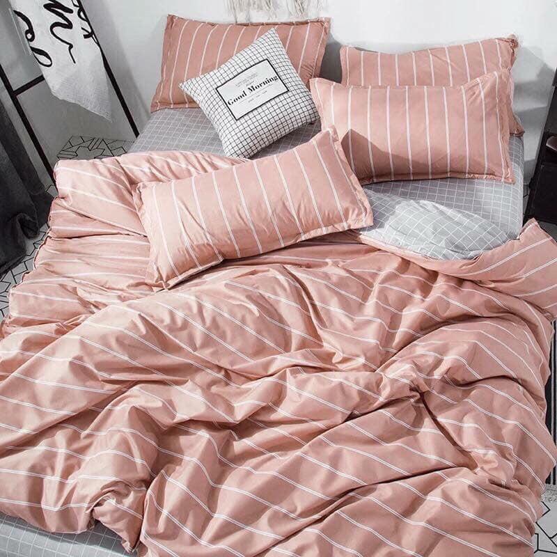 BỘ CHĂN GA GỐI POLY COTTON KẺ HỒNG