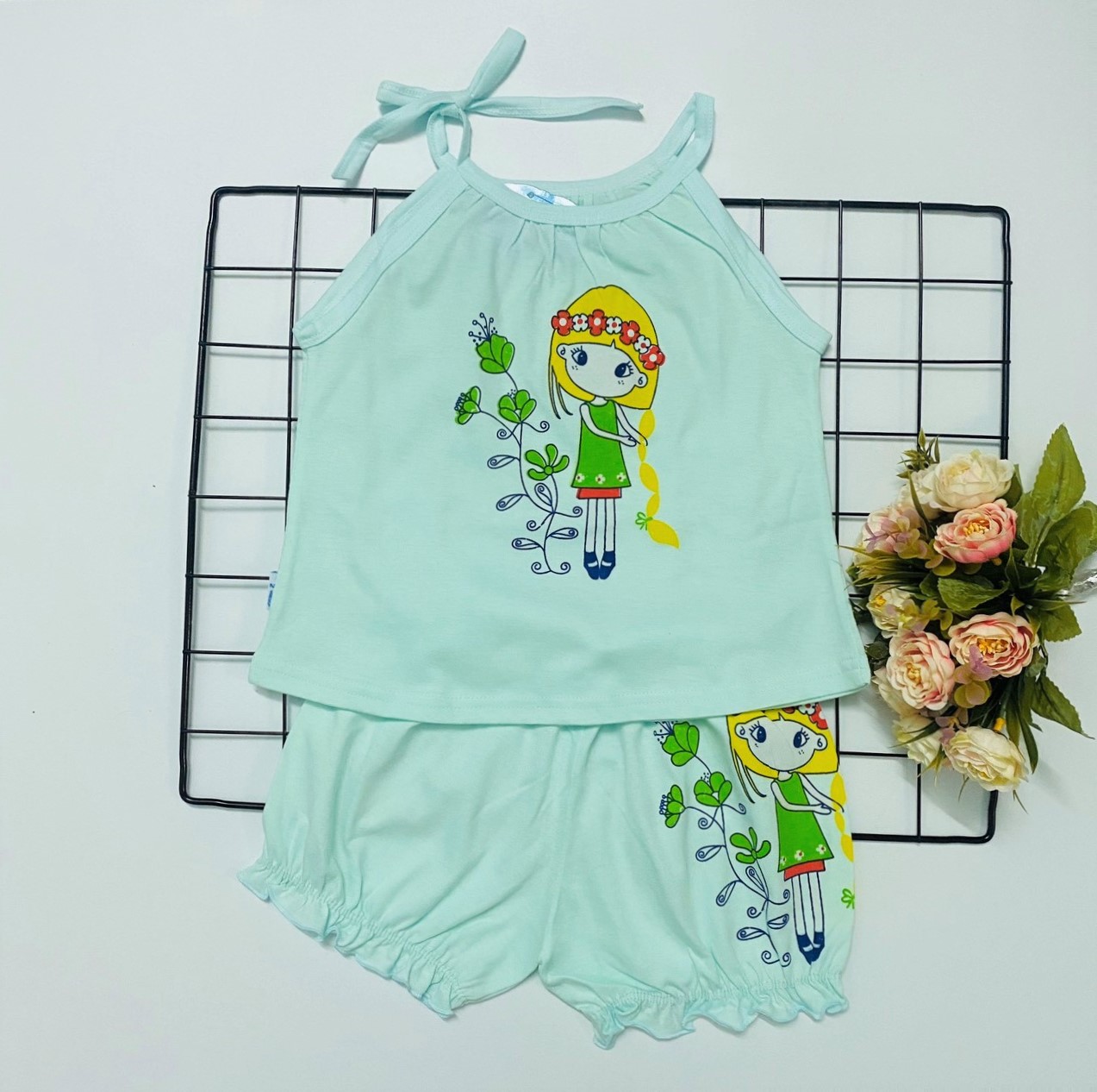 Hình ảnh Combo 3 bộ đồ bộ bé gái cotton mùa hè mẫu áo dây, quần nhún màu nhạt siêu xinh J-TomTomBaby
