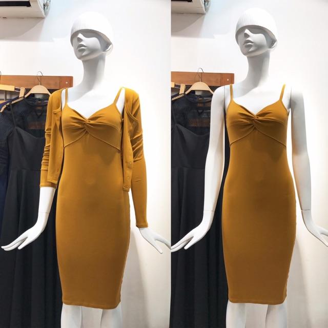 F497 ĐẦM ÔM BODY 2 DÂY XOẮN NGỰC KÈM ÁO KHOÁT