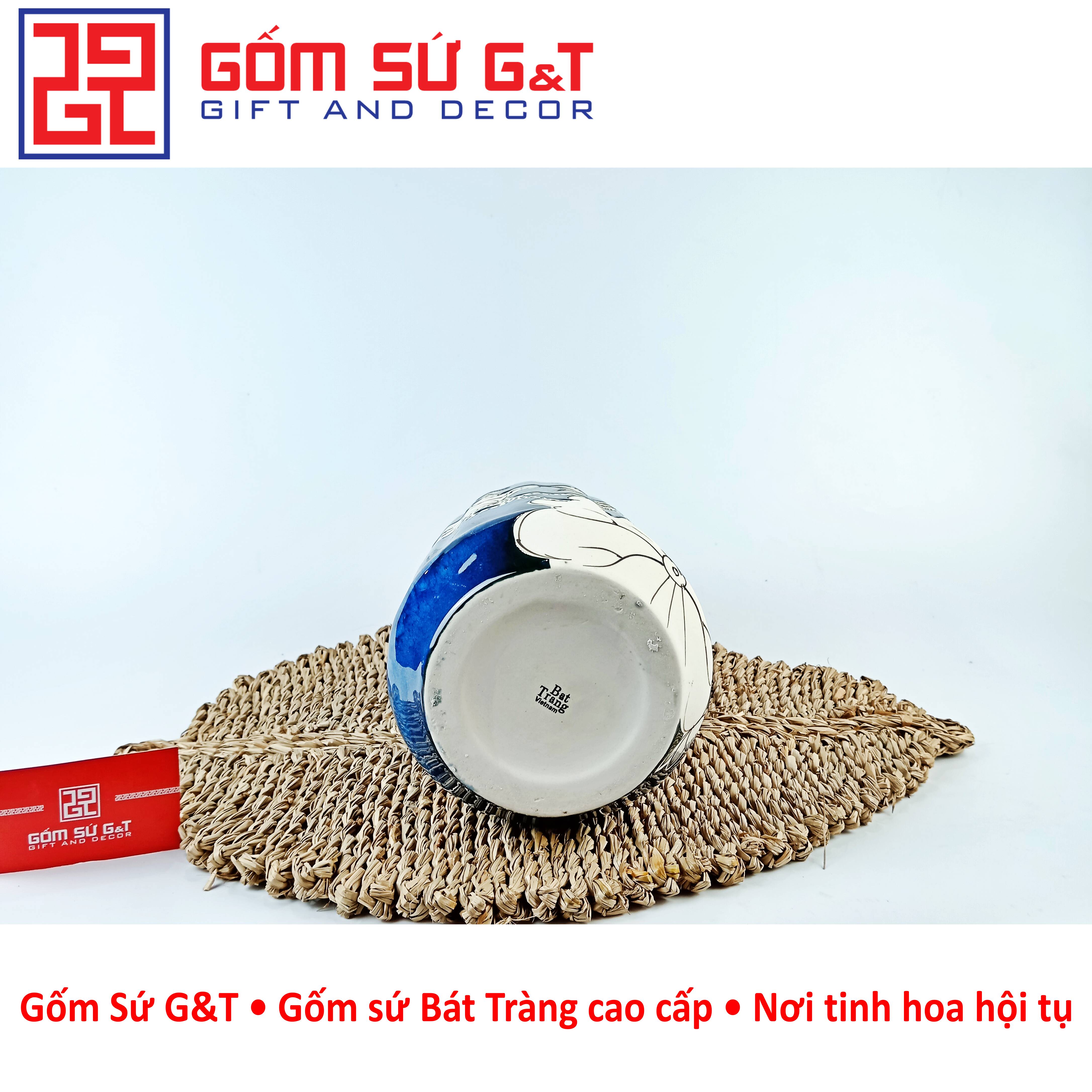 Lọ hoa men hỏa biến lá dứa miệng thấp vẽ sen Gốm Sứ G&amp;T
