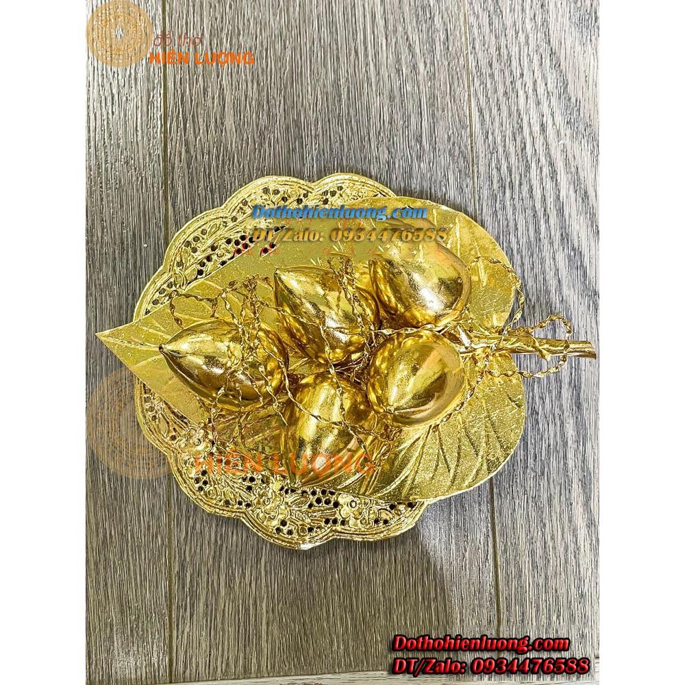 Bộ Trầu Cau Mạ Vàng 24K Gôm: 01 Cơi Trầu + 01 Bộ Cau 5 + Hộp Mica Cao Cấp - Quà Tặng Thờ Cúng Ý Nghĩa