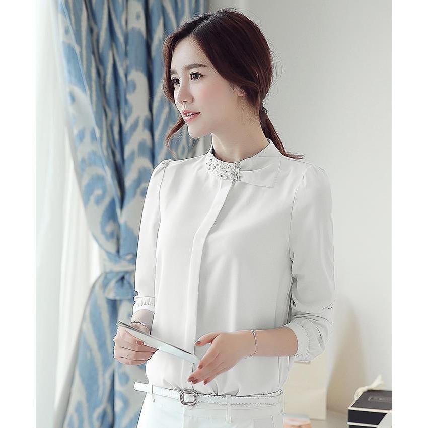 Áo Sơ Mi cổ nơ đính hạt SM36