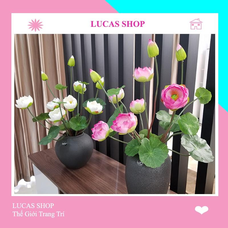 Hoa Sen Lụa - Hoa Giả Cao Cấp 3 Bông 1 Nụ Kèm Lá 90cm Decor Siêu Xinh