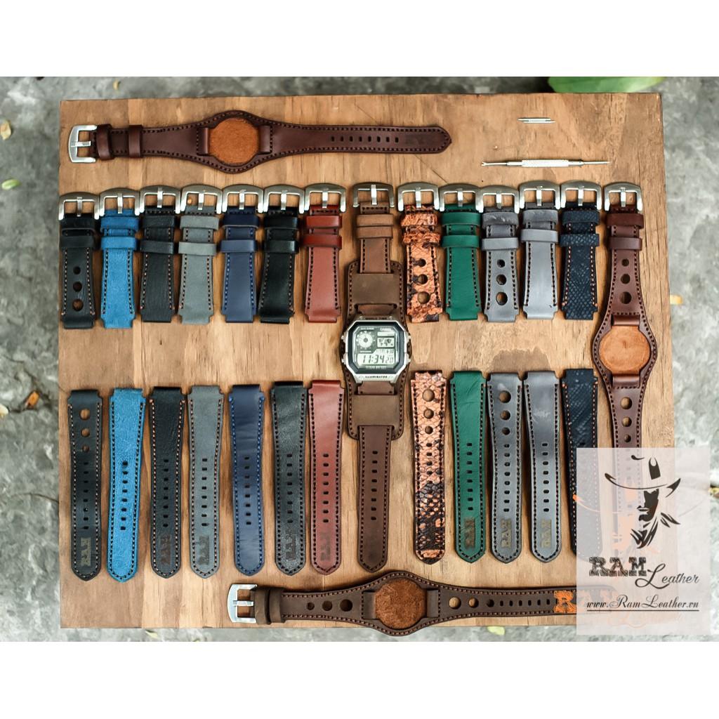 DÂY DA BÒ VÂN CÁ SẤU NÂU CHO CASIO AE 1200 / SEIKO 5/ ORIENT SK - CHÍNH HÃNG RAM LEATHER