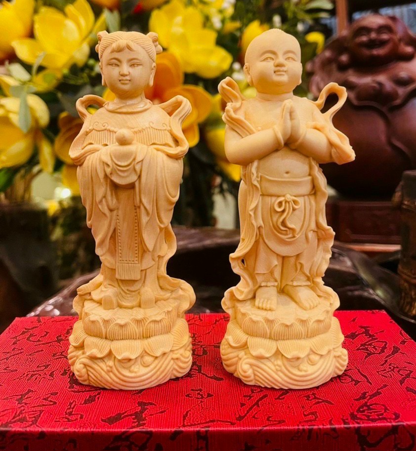 Cặp tượng tiên đồng ngọc nữ bằng gỗ hoàng dương kt cao 15×6×5cm