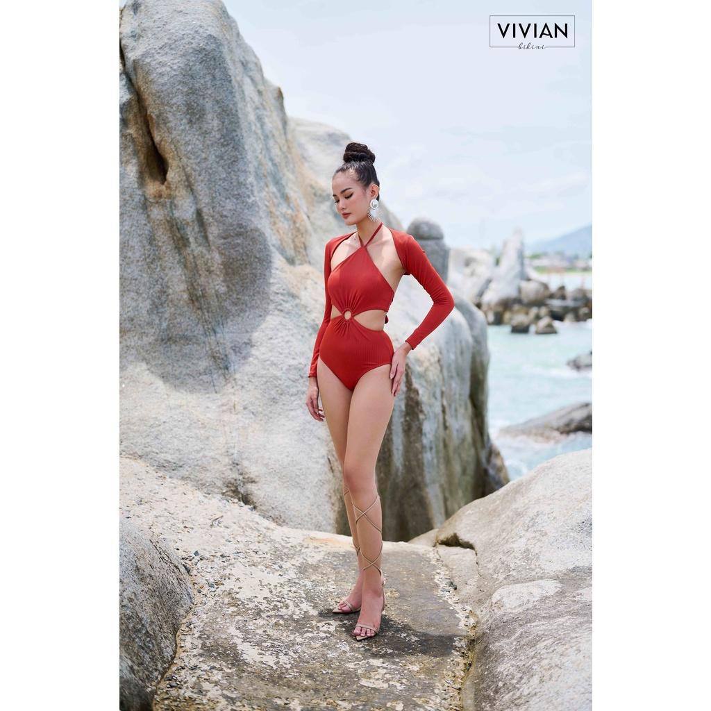 Đồ bơi nữ cao cấp dạng một mảnh yếm phối áo tay dài cover - màu Nâu - VS187_BR