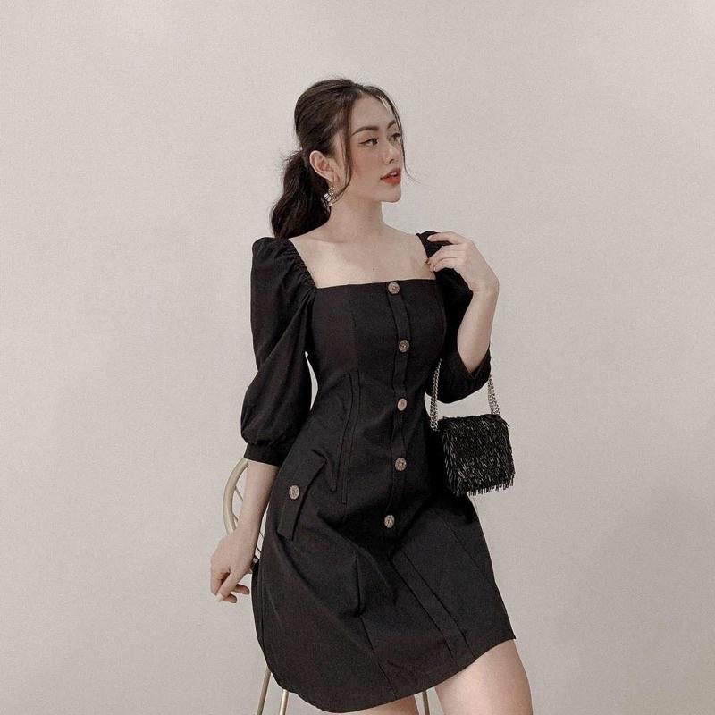 Đầm váy cổ vuông nút dừa tay lỡ 2 màu