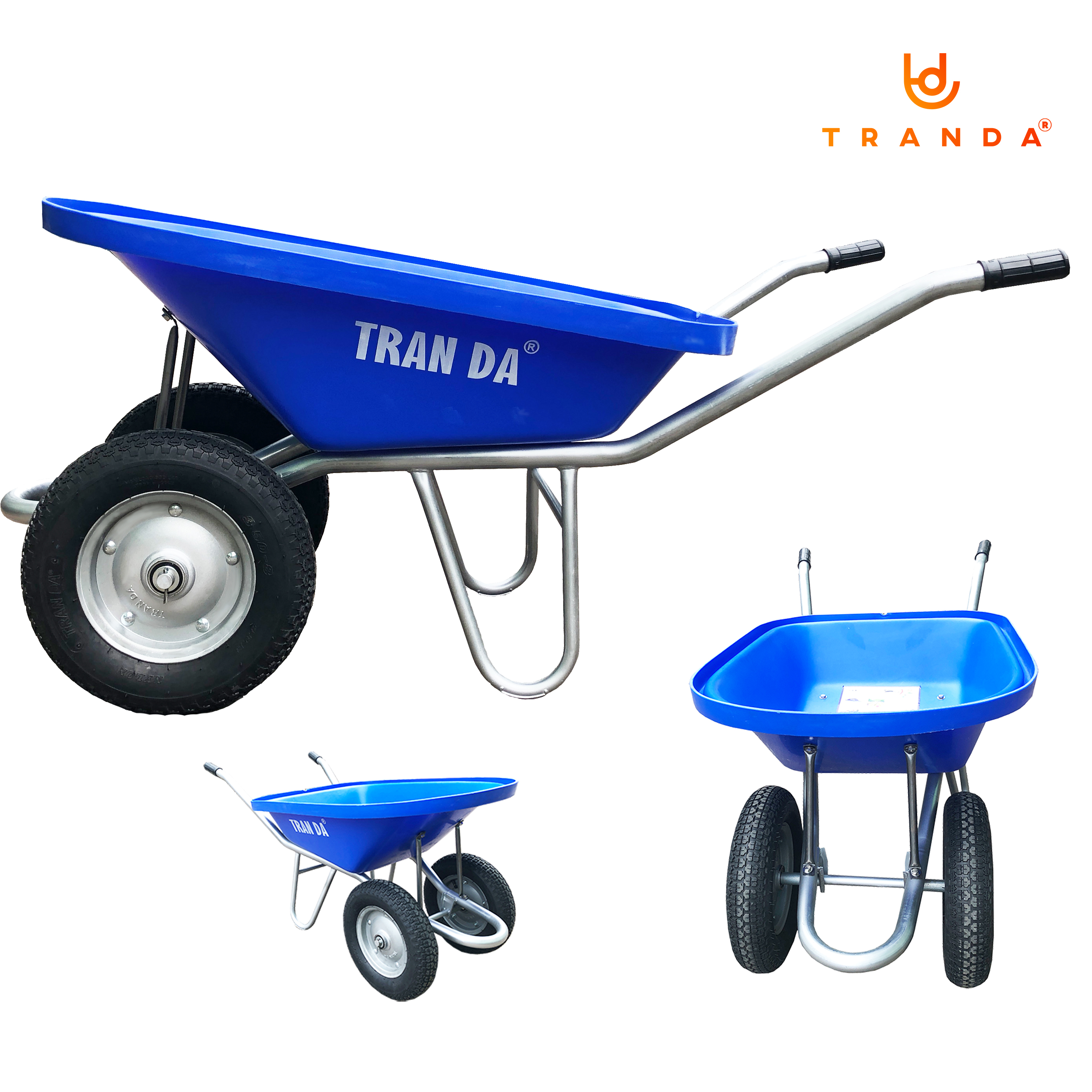 Xe rùa Trần Đà thùng nhựa, hiệu TranDa, sườn ống sắt mạ kẽm phi 34 dày 1.5mm, 2 bánh hơi 3.50-8