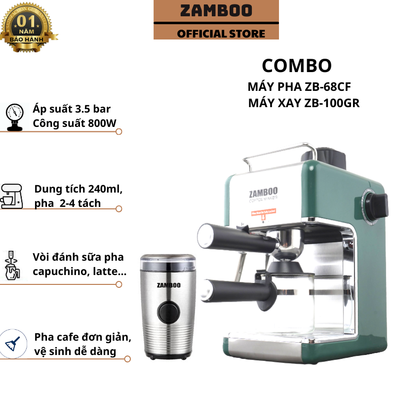 Combo máy pha cà phê Espresso Zamboo ZB-68CF + máy xay Zb-100g - hàng chính hãng