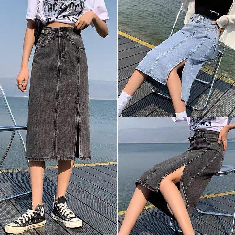 (Sẵn+ Ảnh Thật) Chân Váy Jeans Dài Cạp Cao Xẻ Gấu, Váy Jeans Chữ A DENIM cạp cao