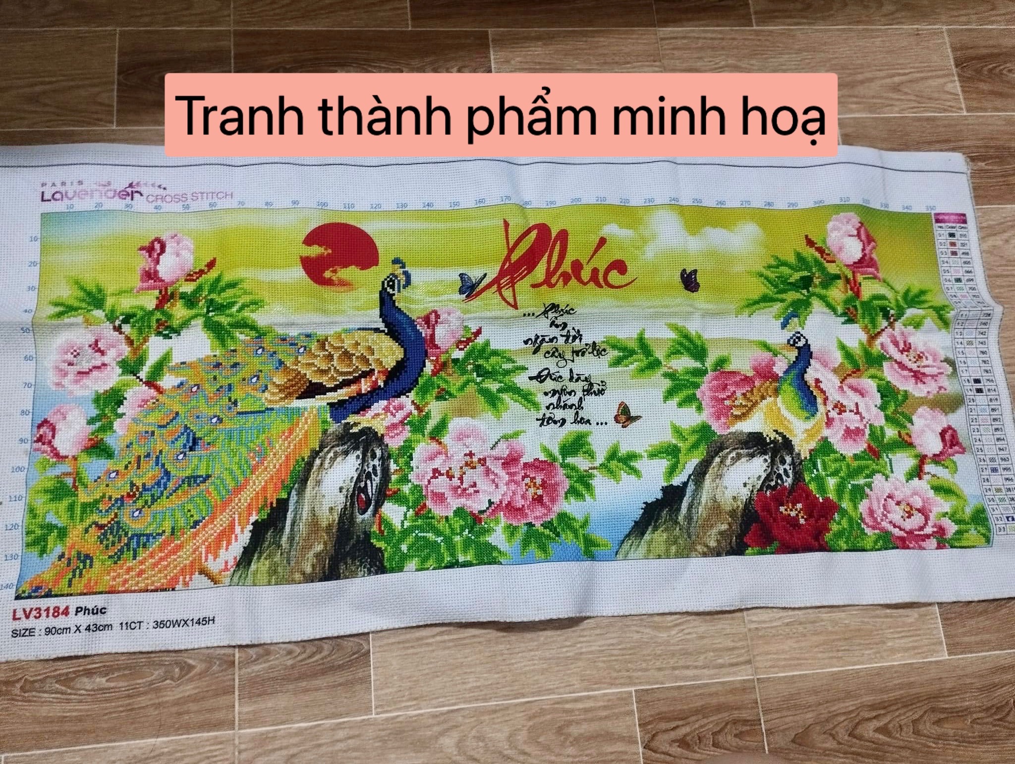 Tranh thêu chữ thập con công chữ phúc LV3184, tranh thêu 3D