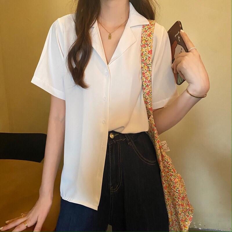 Áo Sơ Mi Tay Ngắn Cổ Vest Trơn Nam Nữ Unisex