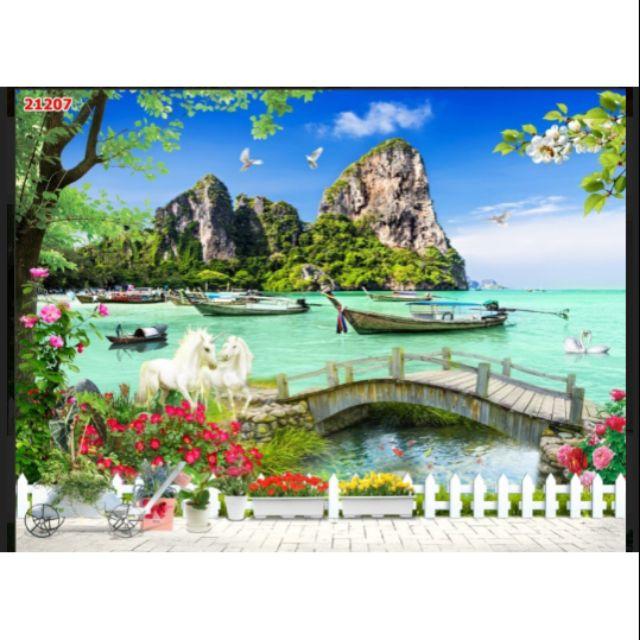 Tranh dán tường 3D vải lụa cảnh biển