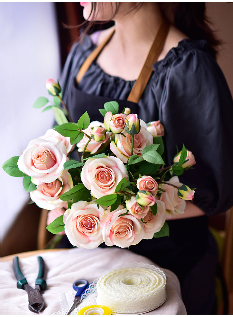 Hoa lụa, cành hoa hồng quý tộc Island 4 bông trang trí phòng khách, nhà hàng cao cấp AZ-40