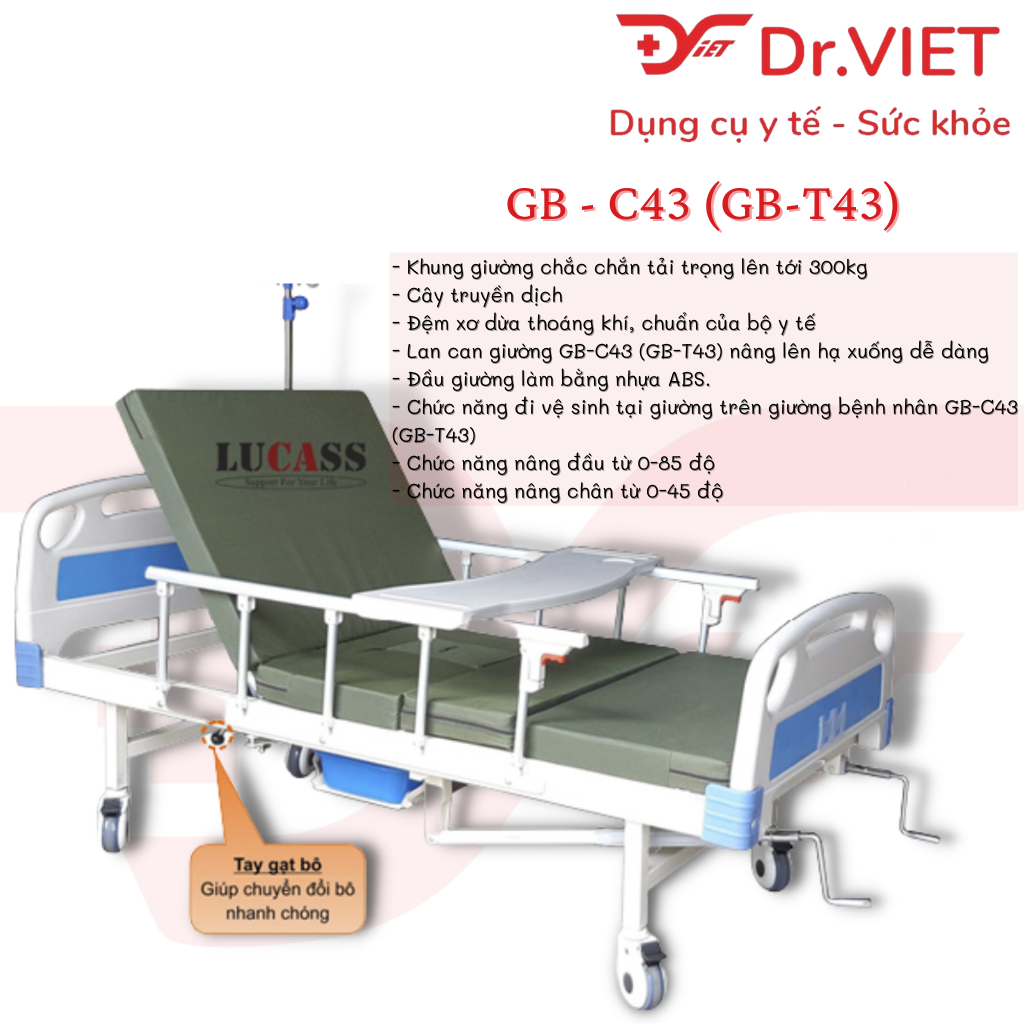 Giường bệnh nhân có bô 3 tay quay GB-C43 (GB-T43) chính hãng 100% có bô vệ sinh phù hợp với người bệnh, người già và người bị liệt