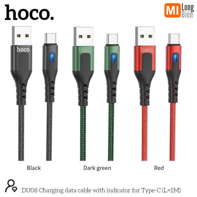 Cáp sạc Hoco DU08/DU08 Plus Type-C USB, hỗ trợ sạc nhanh 2.4A, dây bọc dù chống đứt, gập, có đèn LED báo sạc dài 1m/2m