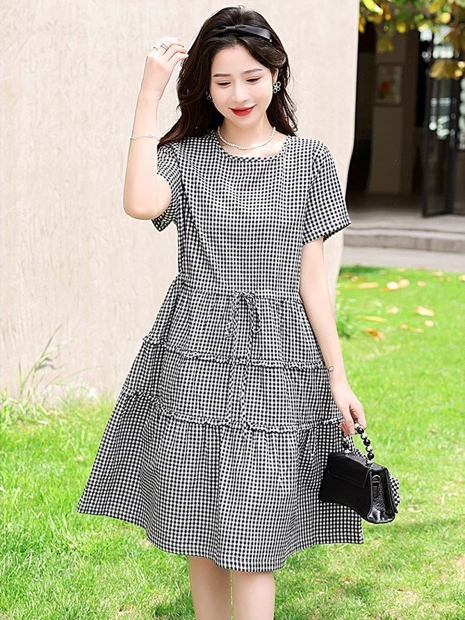 Đầm xòe Đũi Việt ngắn tay kẻ sọc caro thời trang cho nữ, phong cách thanh lịch DV211
