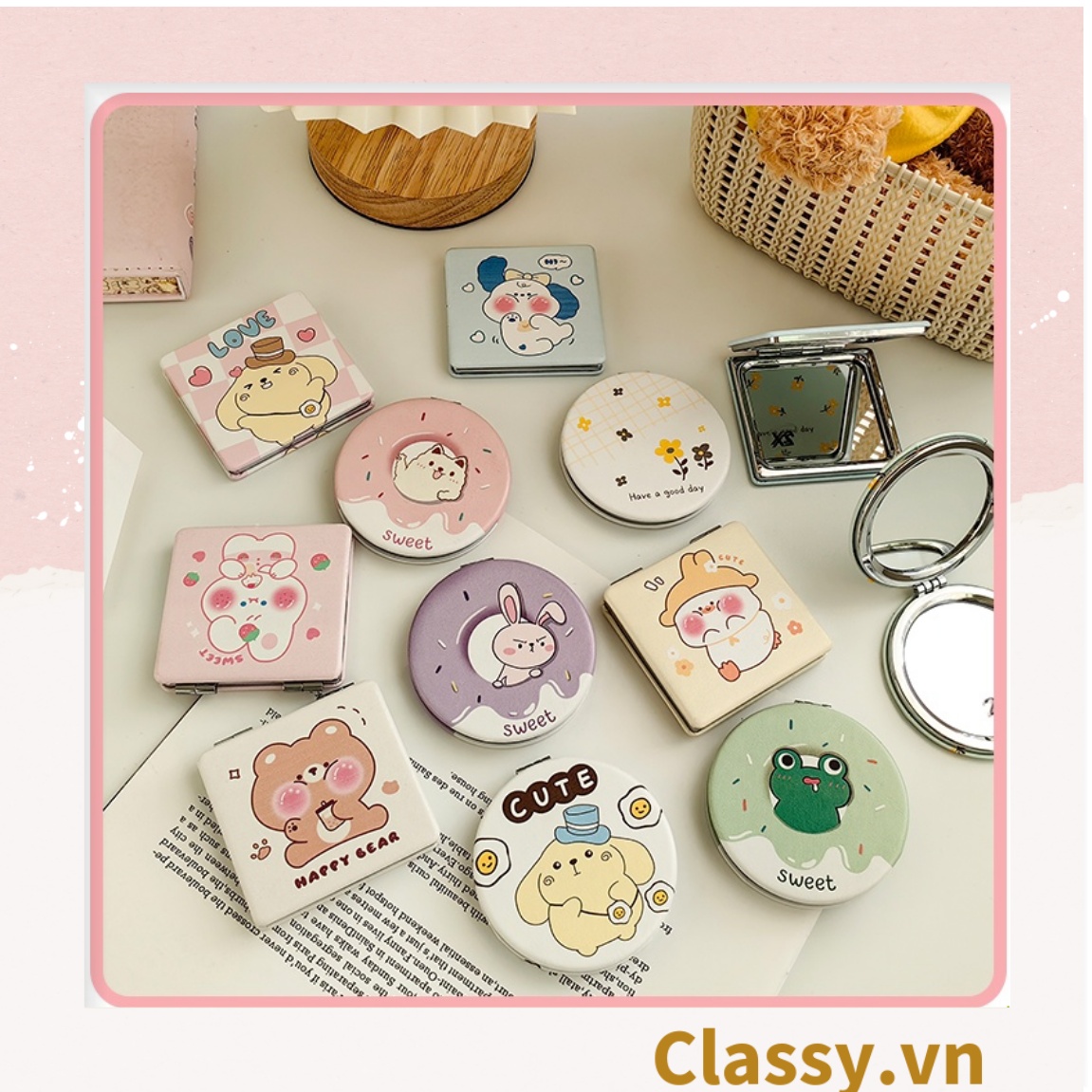 Gương trang điểm cầm tay mini 2 mặt bỏ túi, Gương cầm tay mini Hàn Quốc siêu cute, Gương hoạt hình PK570