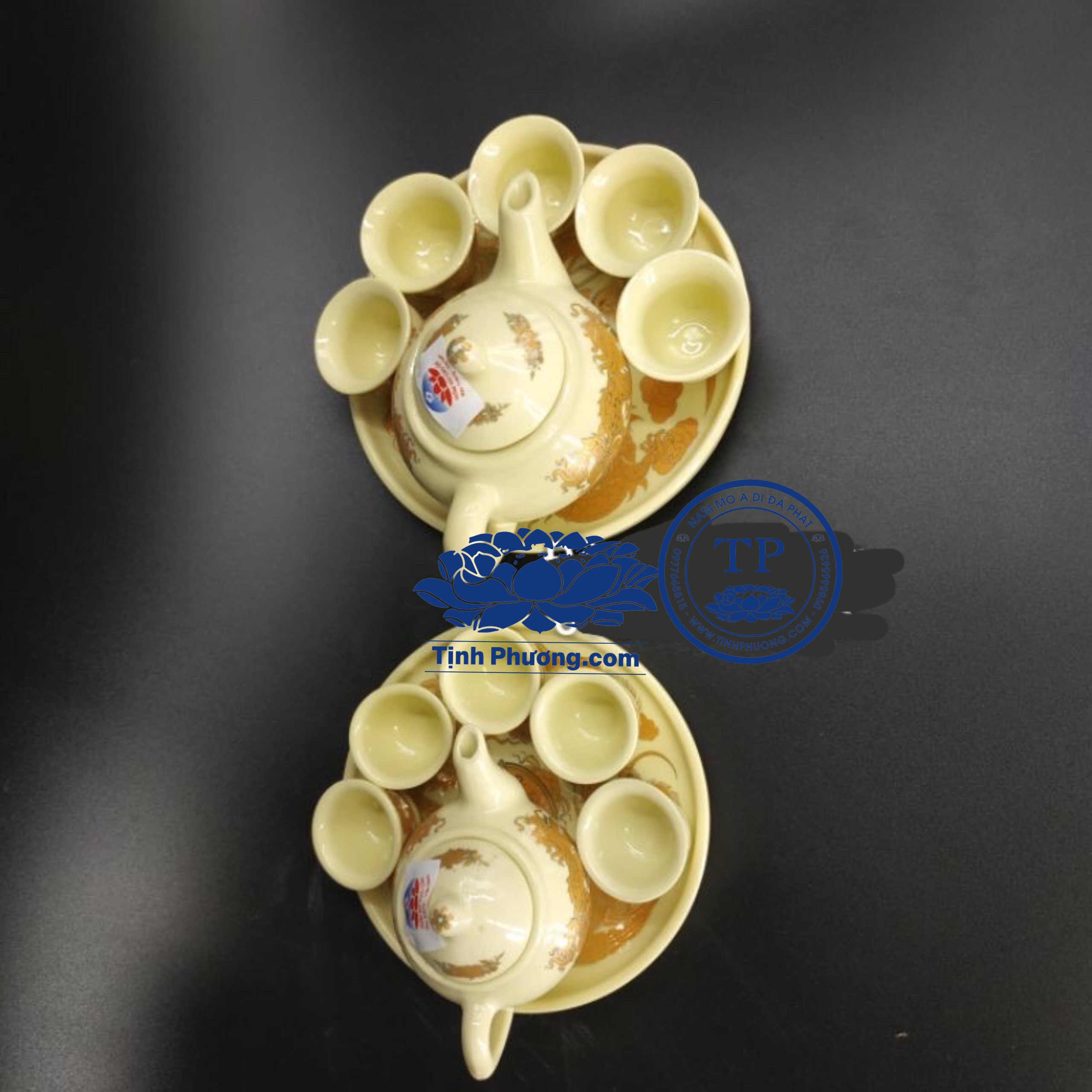 BỘ ẤM TRÀ CÚNG THẦN TÀI ,CÚNG GIA TIÊN BỘ BẰNG SỨ RỒNG VÀNG KH18147