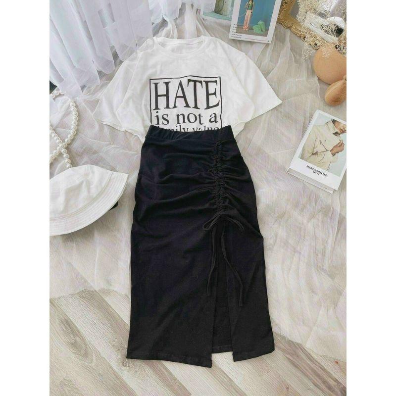 Set áo thun hate + chân váy xẻ rút Bigsize