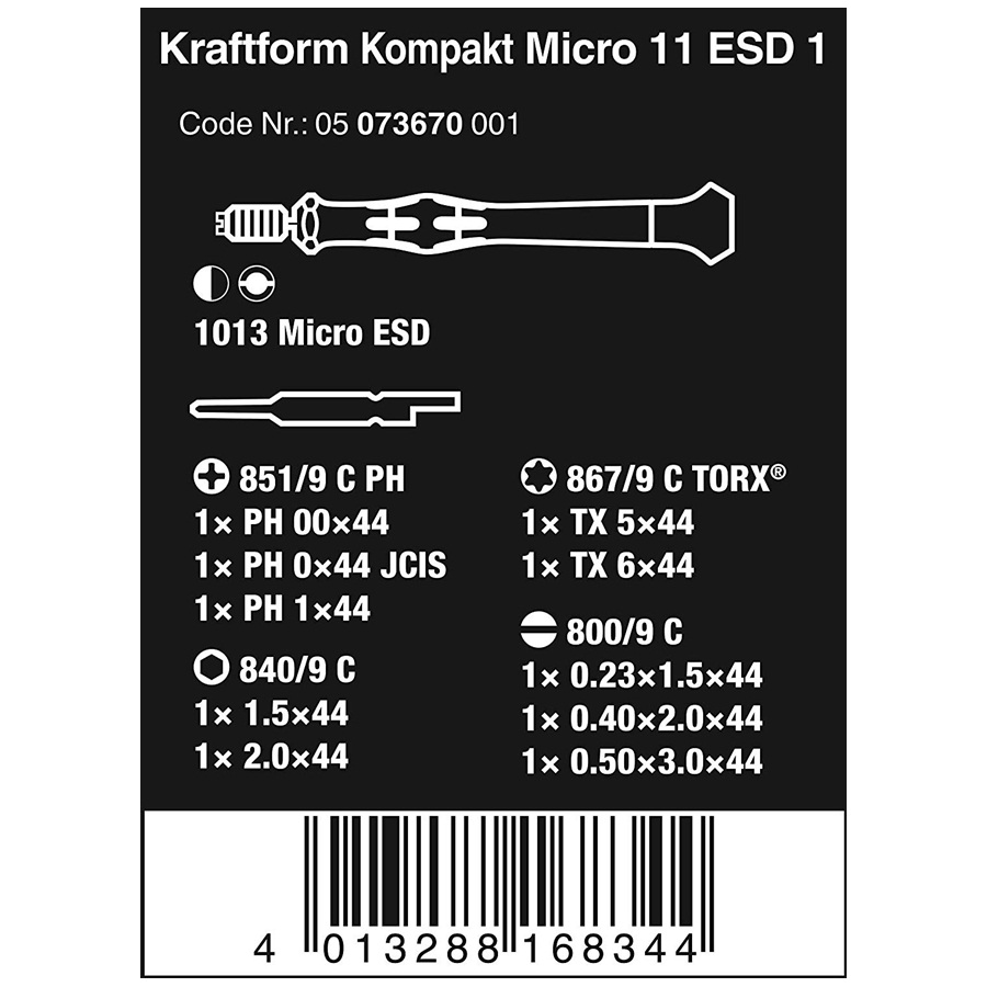 Bộ tua vít chống tĩnh điện 11 cái  kraftform kompakt Micro 11 esd 1, Wera 05073670001