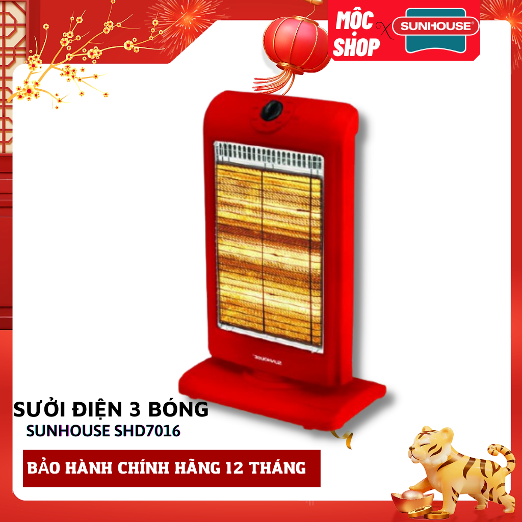 Sưởi Điện 3 Bóng Halogen Sunhouse Shd7016 (1000W) - Đỏ Đen - Hàng Chính Hãng