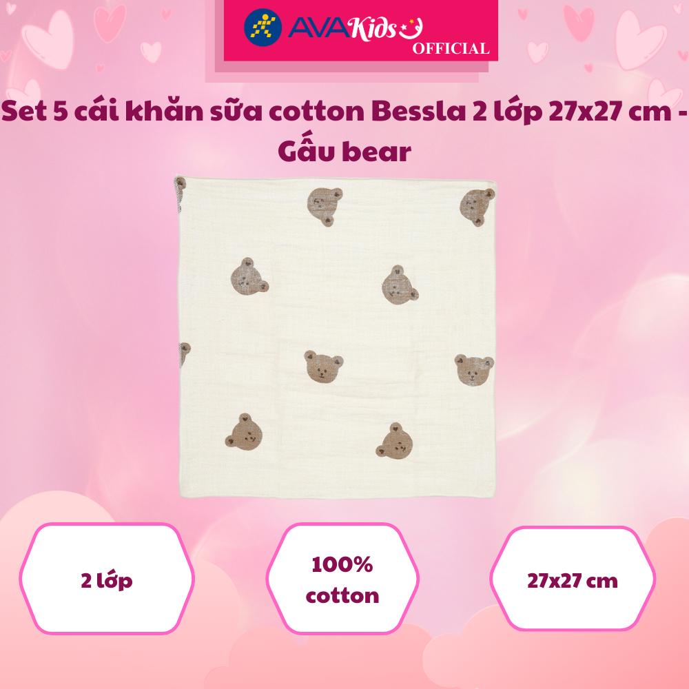 Set 5 cái khăn sữa cotton Bessla 2 lớp 27x27 cm - Gấu bear - Hàng Chính Hãng